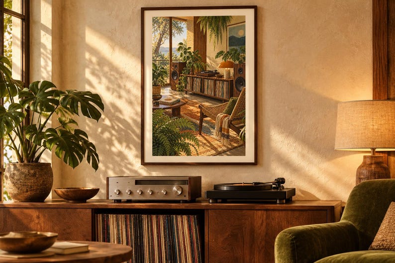 May include: A framed wall art print depicting a sunlit interior living space with a record player, speakers, a wicker chair, and various potted plants. The scene features warm golden light, a wooden media console, and a textured rug, creating a detailed representation of a cozy room filled with music equipment and greenery.
