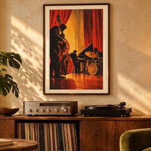 May include: A framed vertical wall art print depicting a jazz trio performing on a stage with red curtains. The scene features a double bass player in the foreground, a pianist, and a drummer, all rendered in warm orange and deep red tones.