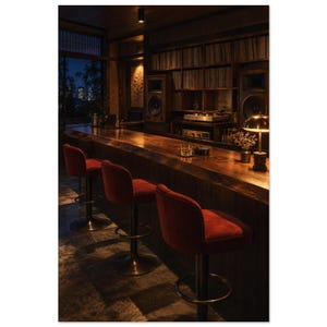 Jazz Listening Bar Art Print, Amber & Indigo Interior - After Hours 40 × 60 cm / 16 × 24 in