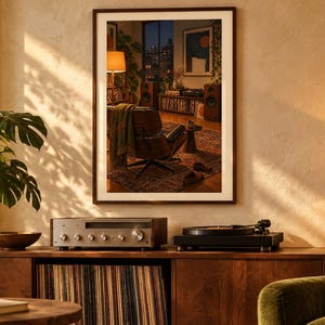 May include: A framed wall art print depicting a cozy living room interior with a leather lounge chair, a record player, speakers, and a city view through a window. The artwork is displayed above a wooden media console with a turntable and receiver.