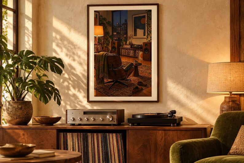 Puede incluir: Una impresi&oacute;n de arte de pared enmarcada que representa el interior de una sala de estar acogedora con un sill&oacute;n de cuero, un tocadiscos, altavoces y una vista de la ciudad a trav&eacute;s de una ventana sobre un mueble de madera con equipo.