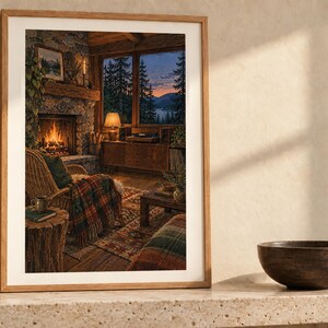 May include: A framed vertical wall art print depicting a cozy cabin interior with a stone fireplace, a wicker chair draped in a plaid blanket, and a large window overlooking a forest at dusk. The artwork is displayed in a light wood frame.