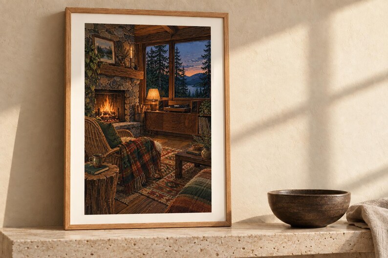 May include: A framed vertical wall art print depicting a cozy cabin interior with a stone fireplace, a wicker chair draped in a plaid blanket, and a large window overlooking a forest at dusk. The artwork is displayed in a light wood frame.