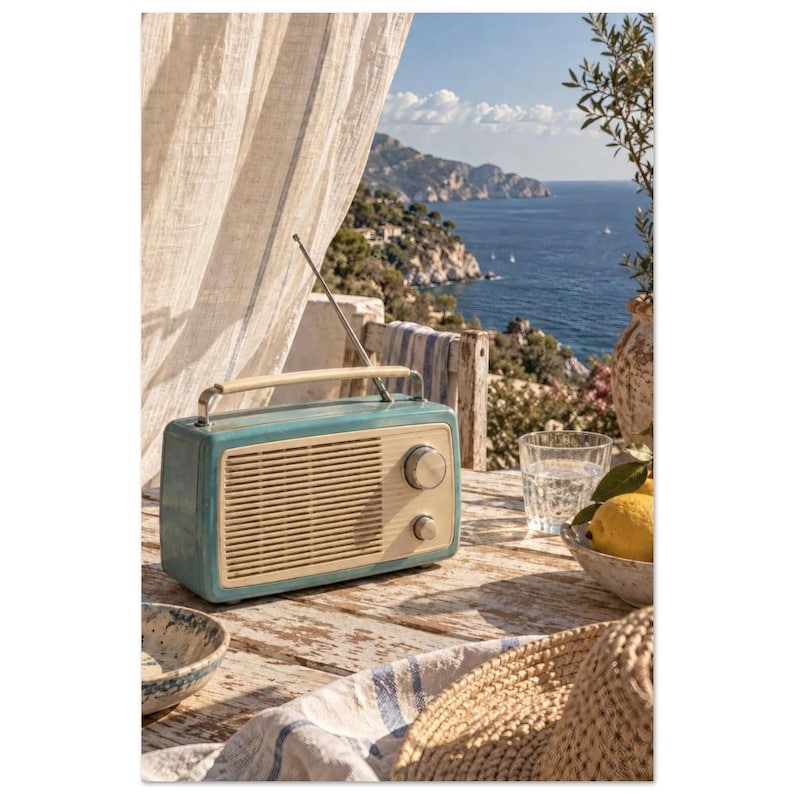 Retro Radio Coastal Art Print, Turquoise Seaside Wall Art - Coastal FM 40 × 60 cm / 16 × 24 in