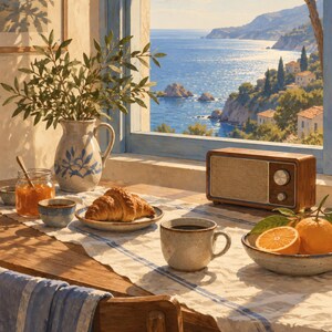 May include: A wooden table set with a croissant on a plate, a jar of orange marmalade, a ceramic pitcher with green branches, a mug of coffee, a bowl of oranges, and a rectangular wooden radio, all positioned before a coastal window view.