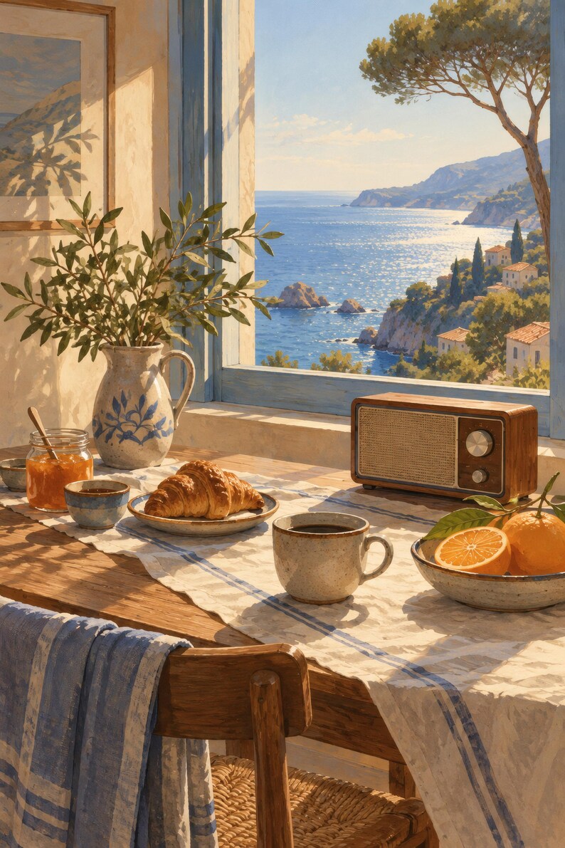 May include: A wooden table set with a croissant on a plate, a jar of orange marmalade, a ceramic pitcher with green branches, a mug of coffee, a bowl of oranges, and a rectangular wooden radio, all positioned before a coastal window view.