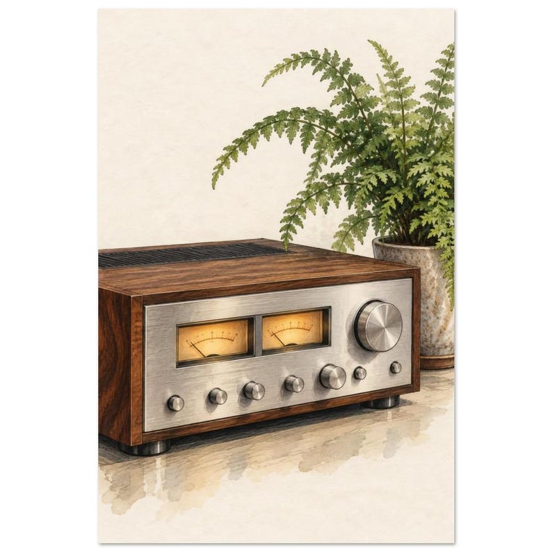 Silver Hi-Fi Receiver Art Print, Silver and Walnut image 2