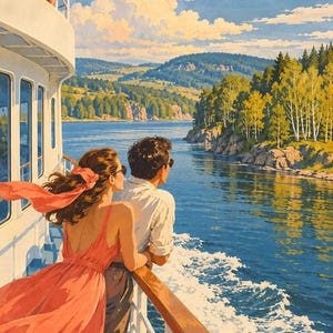 May include: A digital illustration of two people standing on the deck of a white ferry boat, looking out at a blue river, green forested hills, and a bright sky with clouds. The person on the left wears a coral-colored dress and a matching hair tie.