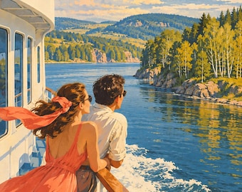 Puede incluir: Una ilustración digital de dos personas en la cubierta de un ferry blanco, mirando hacia un río azul, colinas boscosas y un cielo brillante con nubes. La persona de la izquierda lleva un vestido color coral y una cinta para el pelo a juego.