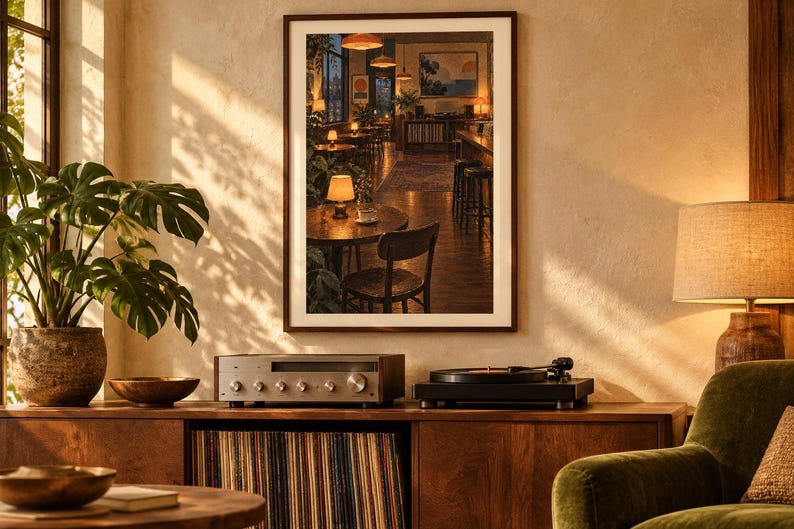 Puede incluir: Una l&aacute;mina de arte enmarcada que representa el interior de una cafeter&iacute;a con iluminaci&oacute;n tenue, l&aacute;mparas de mesa c&aacute;lidas, sillas de madera y una barra. La obra cuelga sobre un mueble de madera con un receptor de audio y tocadiscos.