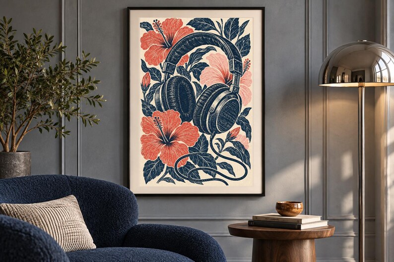 May include: A framed vertical wall art print featuring a detailed illustration of dark blue over-ear headphones intertwined with vibrant coral-colored hibiscus flowers and dark blue leaves against a light cream-colored background.