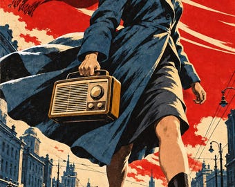 May include: A person with wavy brown hair wears a long blue coat and a flowing red scarf while walking down a city street. They carry a vintage brown portable radio in one hand. The scene features a red sky, tall buildings, and a tram.