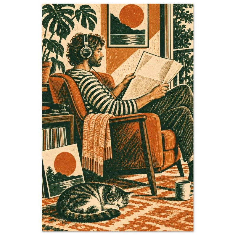 Sunday Reader and Cat Art Print, Sunday Paper image 2
