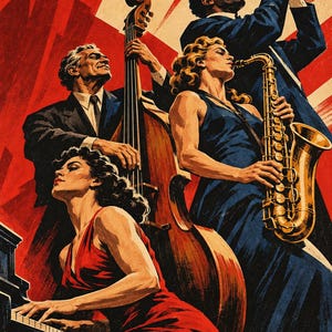 Puede incluir: Una ilustración de un cuarteto de jazz con una pianista en vestido rojo, un contrabajista en traje, una saxofonista en vestido azul y un trompetista en traje. El fondo presenta líneas rojas y blancas que irradian como rayos de sol.