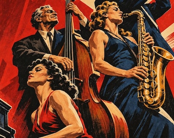Puede incluir: Una ilustración de un cuarteto de jazz con una pianista en vestido rojo, un contrabajista en traje, una saxofonista en vestido azul y un trompetista en traje. El fondo presenta líneas rojas y blancas que irradian como rayos de sol.