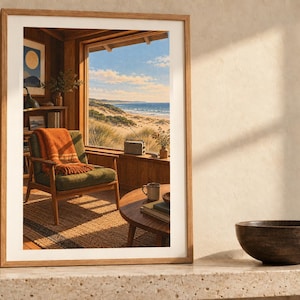 May include: A framed art print depicting an interior scene with a green armchair, an orange throw blanket, a wooden coffee table, and a large window overlooking a sandy beach and ocean under a bright blue sky with scattered clouds.