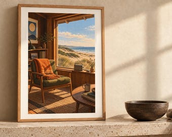 May include: A framed art print depicting an interior scene with a green armchair, an orange throw blanket, a wooden coffee table, and a large window overlooking a sandy beach and ocean under a bright blue sky with scattered clouds.