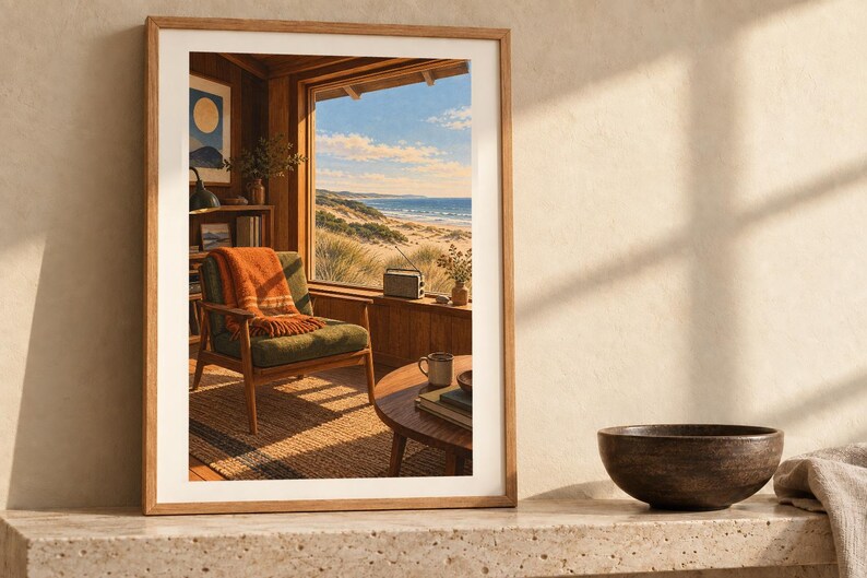 May include: A framed art print depicting an interior scene with a green armchair, an orange throw blanket, a wooden coffee table, and a large window overlooking a sandy beach and ocean under a bright blue sky with scattered clouds.