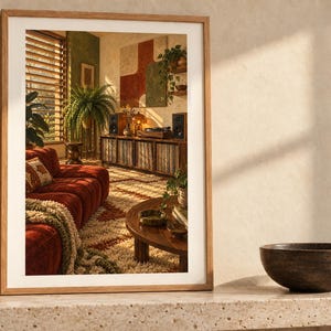 May include: A framed rectangular wall art print featuring a warm-toned living room interior with a deep red sofa, a wooden coffee table, a textured rug, and a media console. The print is displayed on a stone surface next to a dark brown bowl.