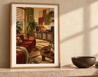May include: A framed rectangular wall art print featuring a warm-toned living room interior with a deep red sofa, a wooden coffee table, a textured rug, and a media console. The print is displayed on a stone surface next to a dark brown bowl.
