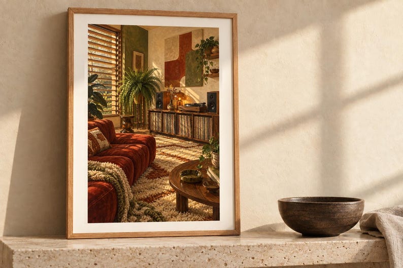 May include: A framed rectangular wall art print featuring a warm-toned living room interior with a deep red sofa, a wooden coffee table, a textured rug, and a media console. The print is displayed on a stone surface next to a dark brown bowl.