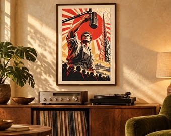 May include: A framed poster featuring a stylized illustration of a person speaking into a microphone before a crowd, set against a large red sun and a radio tower. The artwork uses a bold color palette of red, black, and cream tones.