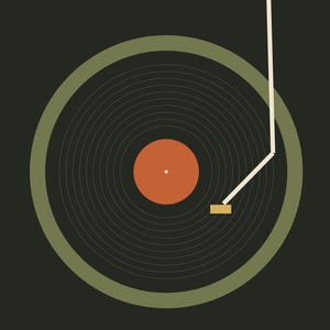 May include: A graphic illustration of a black vinyl record on a dark background. The record features a solid orange center label and is surrounded by a muted olive green circular border. A white tone arm rests on the record surface.