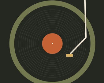 May include: A graphic illustration of a black vinyl record on a dark background. The record features a solid orange center label and is surrounded by a muted olive green circular border. A white tone arm rests on the record surface.