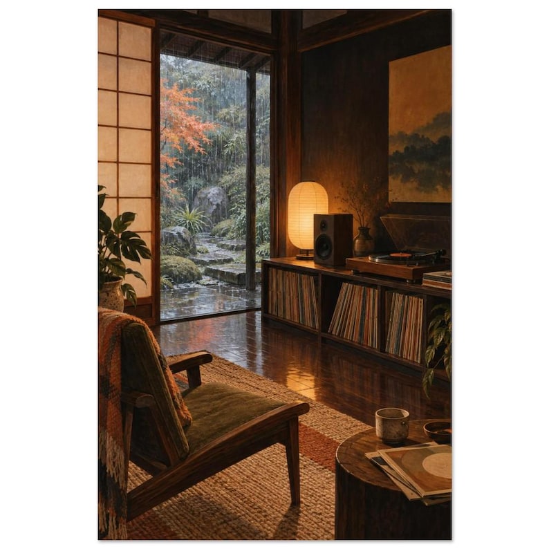 Rainy Listening Room Art Print, Rain Beyond the Paper Screen immagine 2