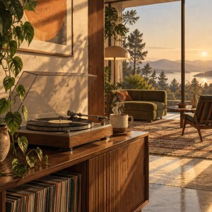 May include: A wooden record player console with a clear dust cover sits atop a slatted cabinet filled with vinyl records. A ceramic mug with steam rests beside the turntable, while a trailing green plant hangs nearby.