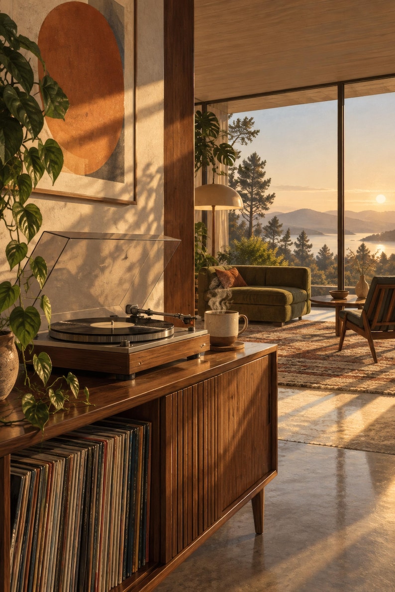 May include: A wooden record player console with a clear dust cover sits atop a slatted cabinet filled with vinyl records. A ceramic mug with steam rests beside the turntable, while a trailing green plant hangs nearby.