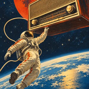 May include: An astronaut in a white spacesuit with red stripes floats in space, reaching toward a large, vintage-style wooden radio. The scene is set against a backdrop of a bright red planet, a blue Earth, and a vast, star-filled dark sky.