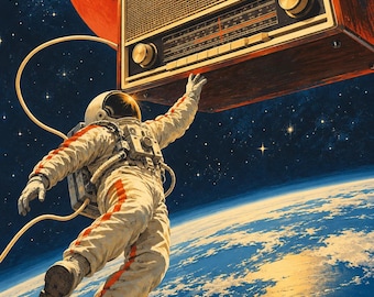 May include: An astronaut in a white spacesuit with red stripes floats in space, reaching towards a large, vintage-style wooden radio. The scene is set against a backdrop of a bright red planet, a blue Earth, and a vast, star-filled dark sky.