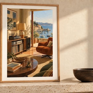 May include: A rectangular framed wall art print featuring an interior scene with a wooden media console, a record player, a brown armchair, and a view of a coastal harbor with boats through an open doorway, all rendered in warm sunlight.