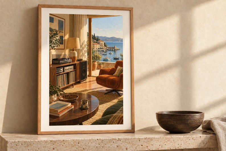 May include: A rectangular framed wall art print featuring an interior scene with a wooden media console, a record player, a brown armchair, and a view of a coastal harbor with boats through an open doorway, all rendered in warm sunlight.