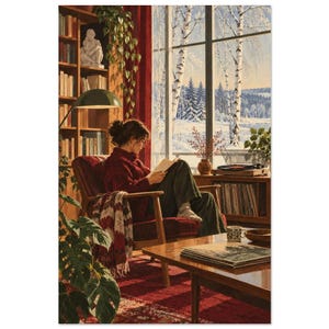 Lámina artística para sala de lectura de invierno, póster de estilo retro para interiores de biblioteca. imagen 2