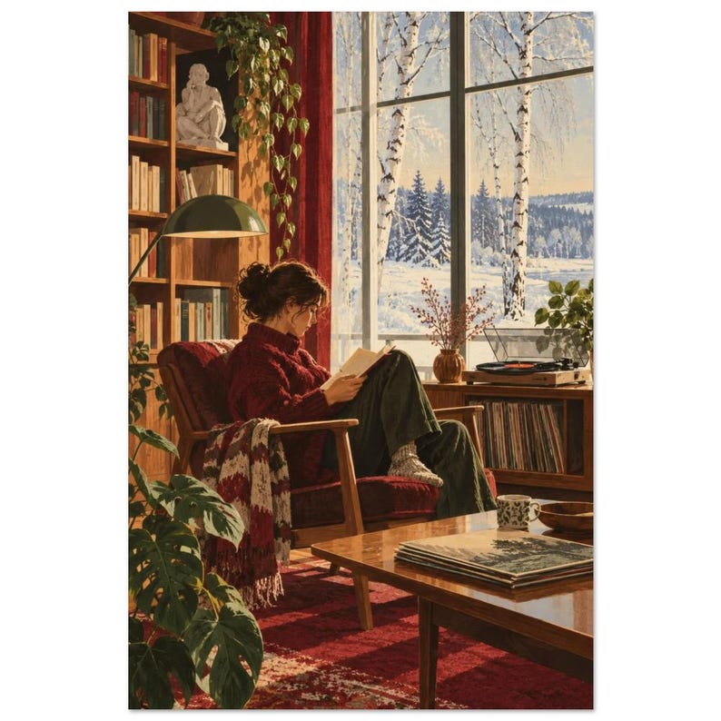 Lámina artística para sala de lectura de invierno, póster de estilo retro para interiores de biblioteca. imagen 2