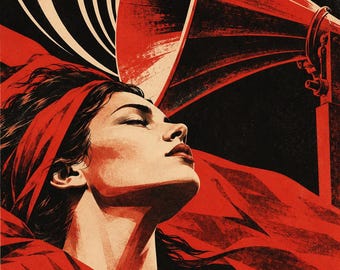 May include: A graphic illustration featuring a person with eyes closed, wearing a red headscarf, positioned in front of a large red megaphone. The background consists of black and white concentric circular lines against a deep black field.