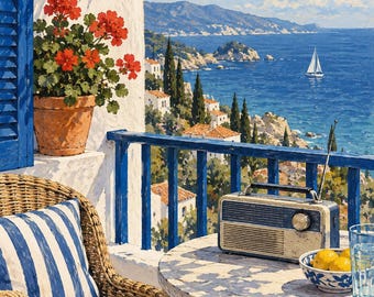 May include: A painting of a balcony overlooking the sea with a wicker chair, a blue and white striped cushion, a straw hat, a vintage radio, a bowl of lemons, and a glass of water on a round table, framed by red geraniums.
