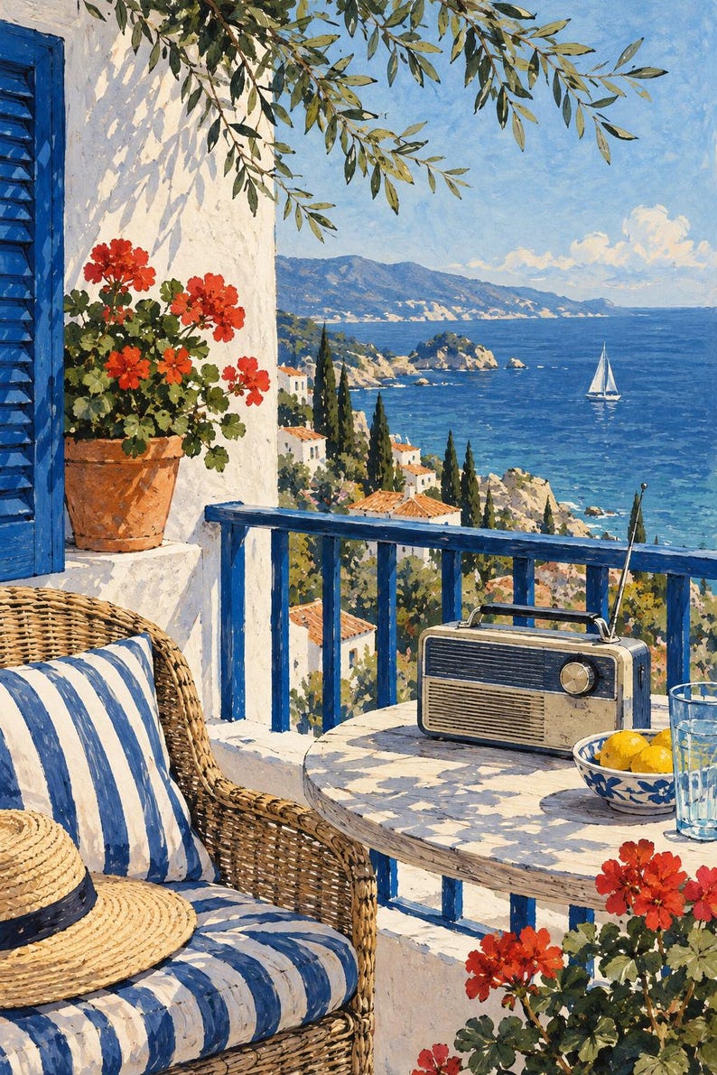 May include: A painting of a balcony overlooking the sea with a wicker chair, a blue and white striped cushion, a straw hat, a vintage radio, a bowl of lemons, and a glass of water on a round table, framed by red geraniums.