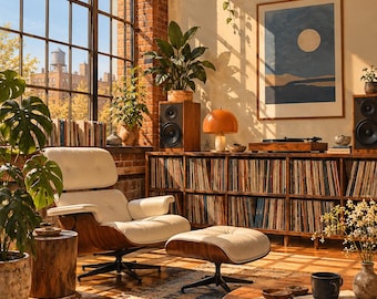May include: A white leather lounge chair and matching ottoman with a curved wood frame, positioned in a sunlit room with a large window, a wooden record storage cabinet, a round coffee table, and a framed moon art print.