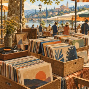 May include: An outdoor market stall features wooden crates filled with vinyl records, a turntable, and a vase of flowers. The scene is set under a striped orange and white canopy, overlooking a river with a stone bridge and distant buildings.