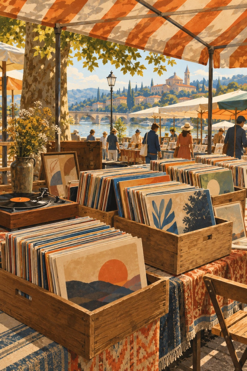 May include: An outdoor market stall features wooden crates filled with vinyl records, a turntable, and a vase of flowers. The scene is set under a striped orange and white canopy, overlooking a river with a stone bridge and distant buildings.