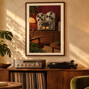May include: A framed wall art print featuring a vintage reel-to-reel tape recorder. The image displays the silver metallic reels, control knobs, and illuminated analog VU meters of the audio device set against a deep red background.