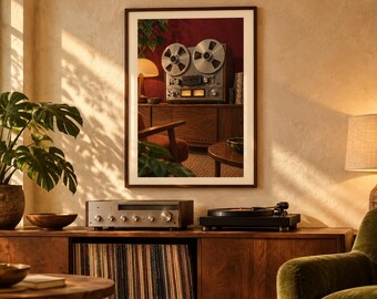 May include: A framed wall art print featuring a vintage reel-to-reel tape recorder. The image displays the silver metallic reels, control knobs, and illuminated analog VU meters of the audio device set against a deep red background.