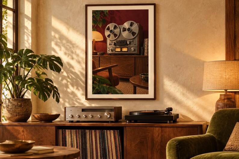 May include: A framed wall art print featuring a vintage reel-to-reel tape recorder. The image displays the silver metallic reels, control knobs, and illuminated analog VU meters of the audio device set against a deep red background.