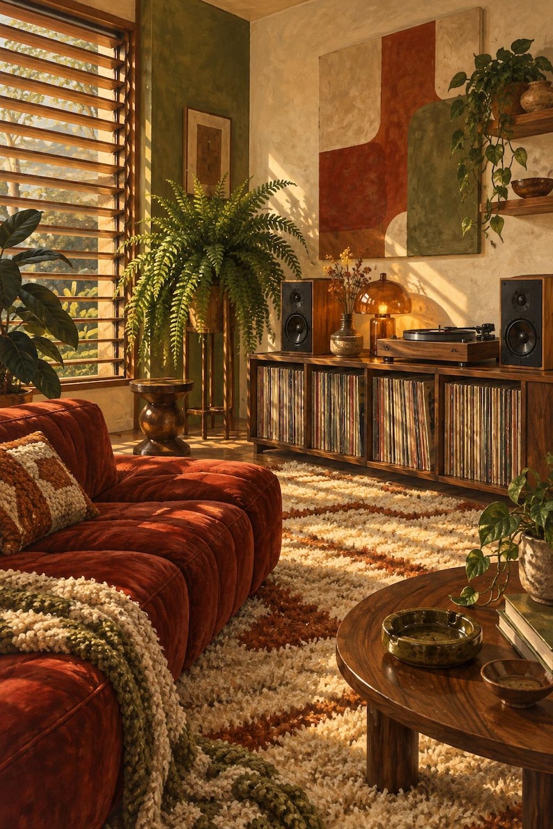 May include: A living room featuring a rust-colored tufted sofa with a textured throw blanket, a wooden media console holding a turntable and speakers, a round wooden coffee table, and a shag rug with a geometric pattern in cream and brown.