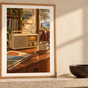 May include: A framed art print featuring a beige vintage-style radio with an antenna, a ceramic mug, and a stack of books on a wooden surface. The scene includes a window view of a landscape, indoor plants, and warm sunlight.