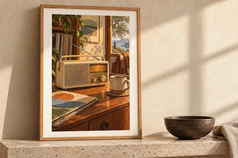 Pu&ograve; includere: Una stampa artistica incorniciata raffigurante una radio beige in stile vintage con antenna, una tazza in ceramica e una pila di libri su una superficie in legno. La scena include una vista dalla finestra, piante da interno e luce solare.