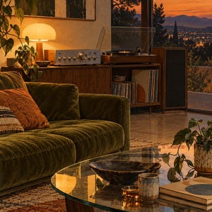May include: A living room interior featuring a dark green velvet sofa, a glass-topped coffee table with ceramic bowls, and a wooden media console holding a turntable, amplifier, and vinyl records, set against a sunset view through large windows.